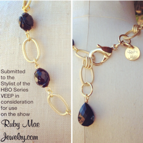 Gloria scooped up this replica VEEP necklace during the recent Ruby Mae Facebook trunk show. A duplicate of this Ruby Mae necklace  was worn during a VEEP episode that aired in June 2015. It’s going to look so cute on Gloria.