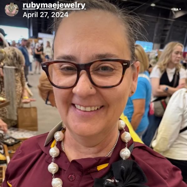 Cori and her one of a kind Ruby Mae necklace