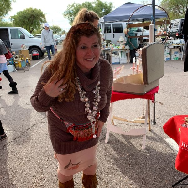 Thieves Market fellow vendor wearing her Ruby Mae piece she planned to wear when she’s an MC