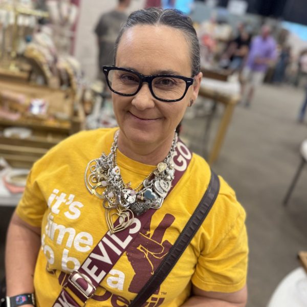 Cori wearing her one of a kind Ruby Mae piece